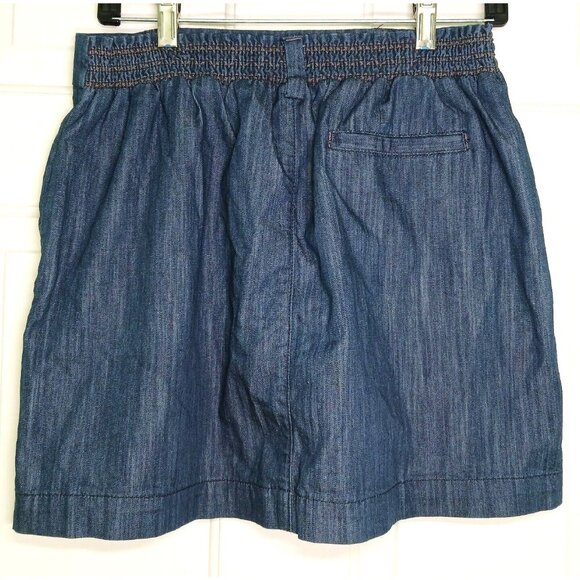 Fossil Dark Wash Stretch Chambray Skirt Siz 31 Chino Style Pockets Elastic Waist - Picture 2 of 7